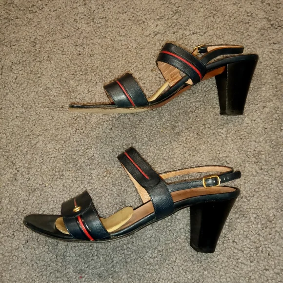 Gucci Italy Vintage Gold Bit Black Red Leather Sandals Heels Slides Shoes sz 38 - Picture 2 of 9